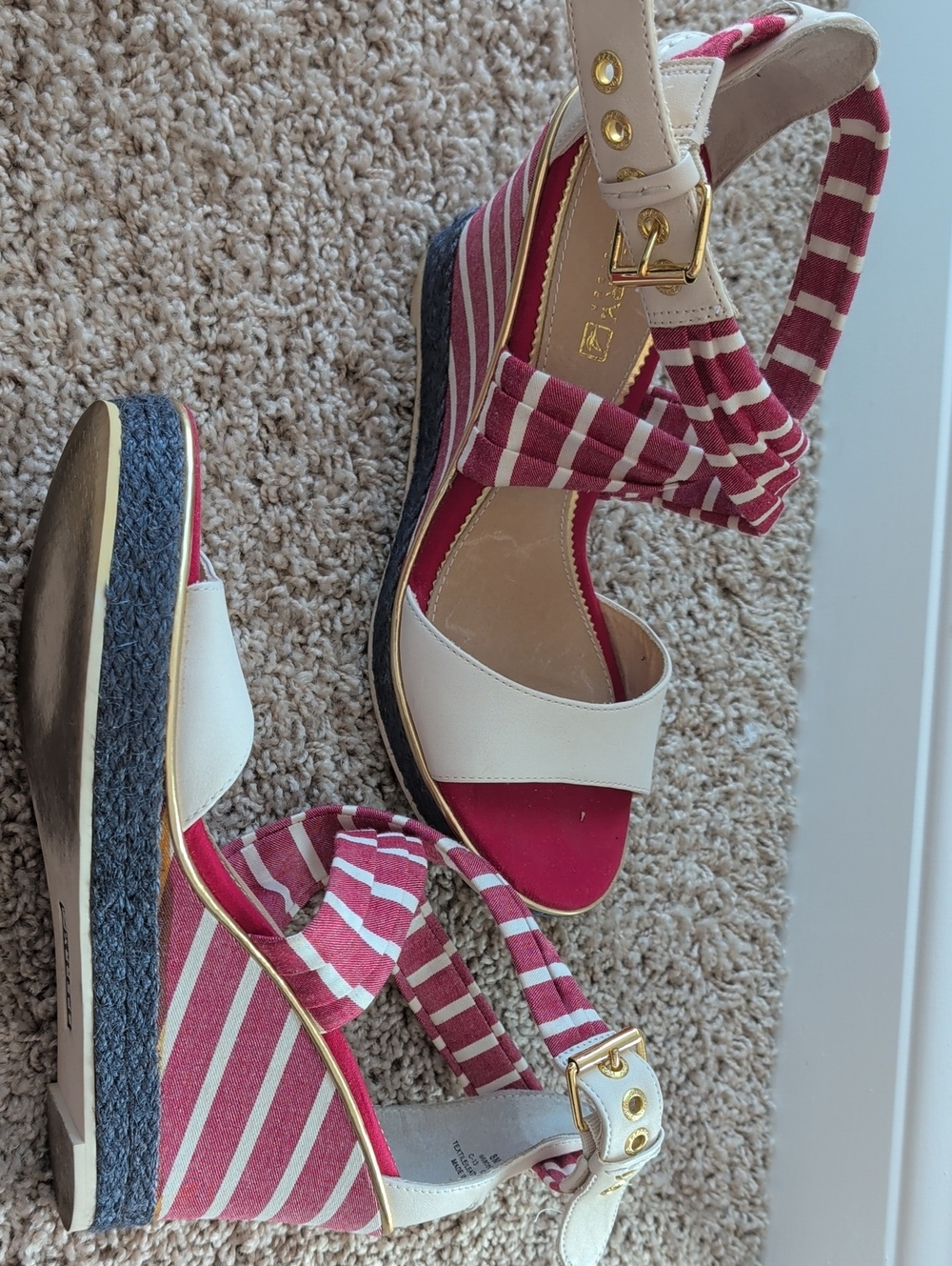 Striped Red and White Wedge Sandals with Cream Straps